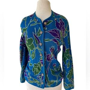 Vtg 60’s Catalina Jacquard Cardigan Sweater Womens 36 Blue Purple Floral *Flaws*